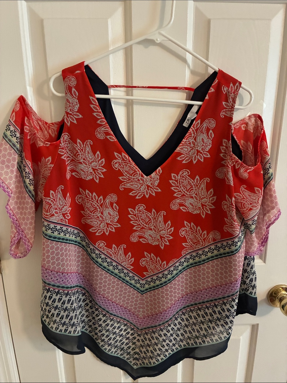 Women's multicolor off the Shoulder V-Neck Top with navy liner